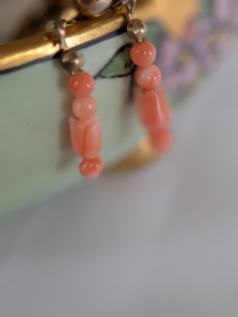 Vintage Clip On Gold Toned Carved Tulip Angel Skin Coral Earrings